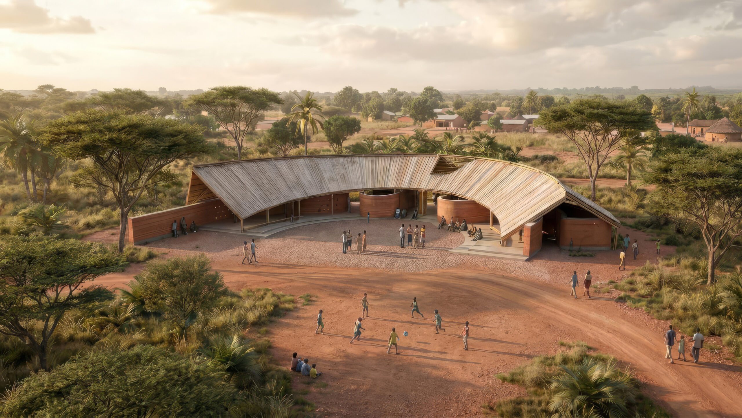 First Prize project of the Kaira Looro Architecture Competition 2026, a Community Centre in rural southern Senegal with a curved timber roof over rammed earth volumes