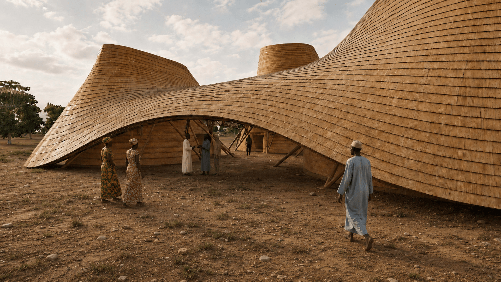 Honourable Mention project of the Kaira Looro Architecture Competition 2026, a Community Centre in Senegal formed by curved timber-shingled shells sheltering open gathering space