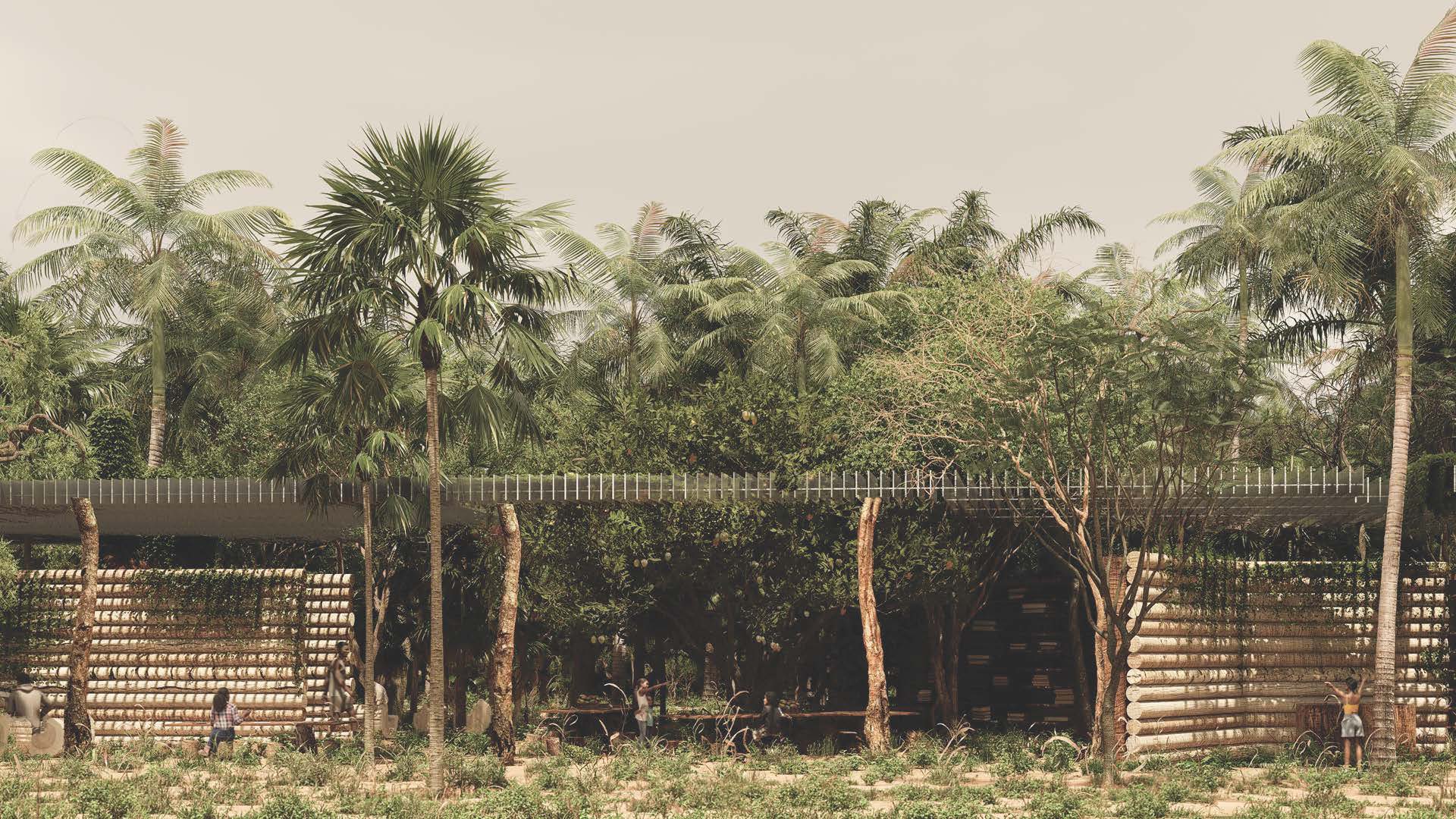 Honourable Mention project of the Kaira Looro Architecture Competition 2026, a Community Centre in Senegal with rammed earth walls set among palms and existing trees