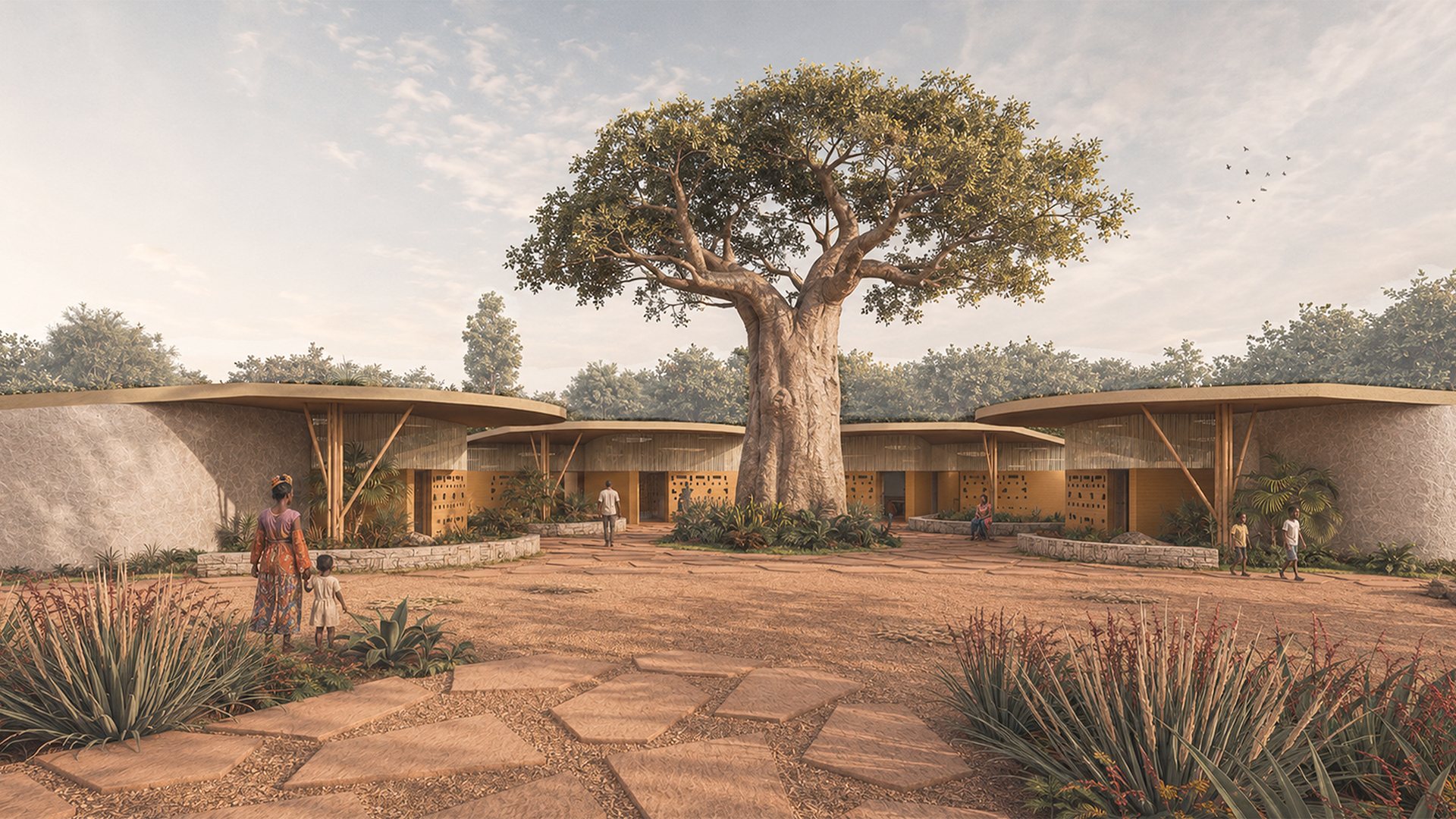 Third Prize project of the Kaira Looro Architecture Competition 2026, a Community Centre in Senegal with circular planted roofs arranged around an existing baobab tree