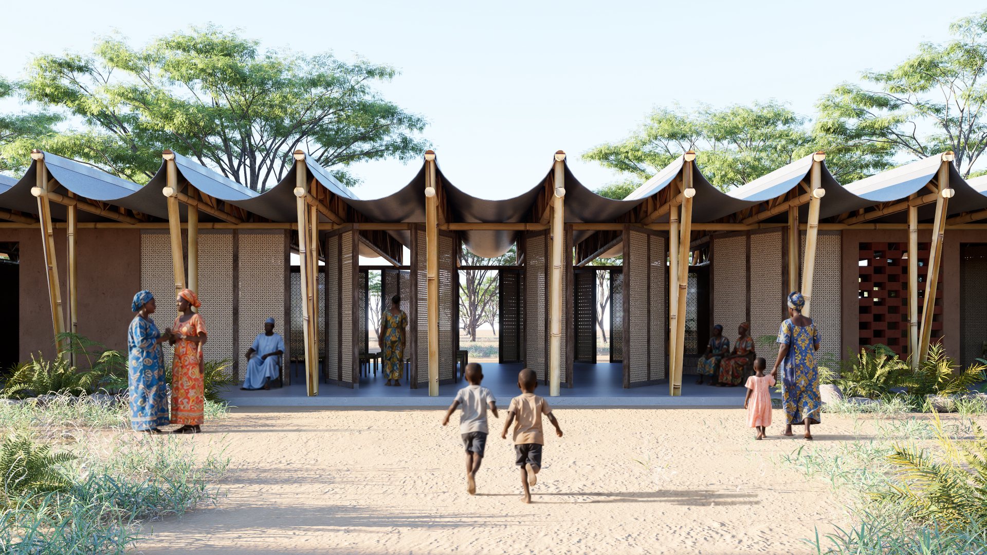 Second Prize project of the Kaira Looro Architecture Competition 2026, a Community Centre in Senegal with bamboo columns supporting curved roofs above woven screens